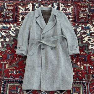 Vintage Men's Classic Gray Double-Breasted Tweed Herringbone Raglan Coat US 44